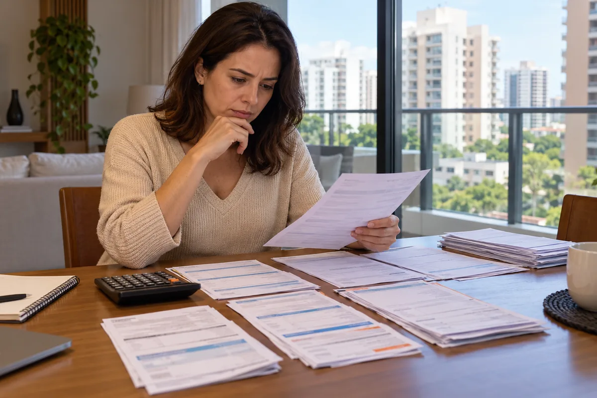 Moradora organiza boletos e comprovantes de taxas condominiais atrasadas