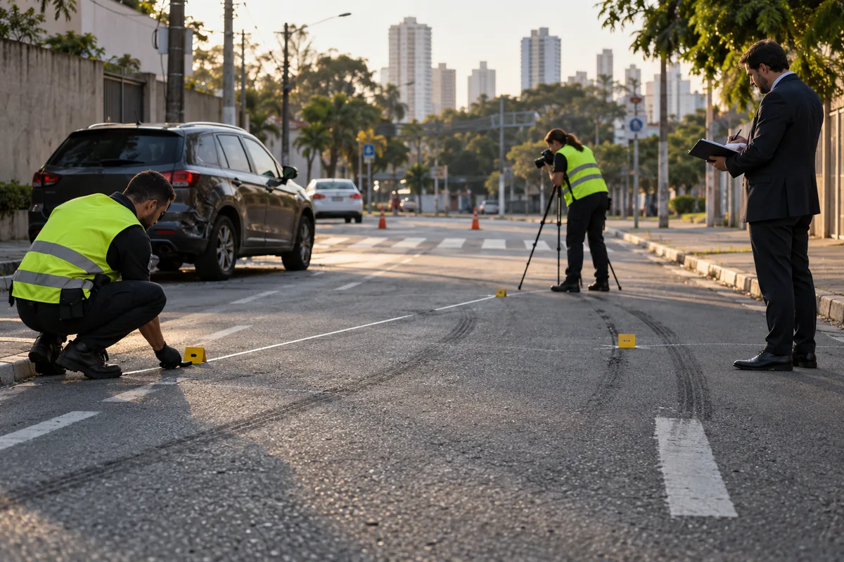 Peritos reconstroem acidente enquanto advogado acompanha as medições