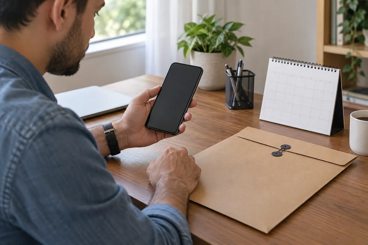 Empregado verifica celular ao lado de calendário e pasta rescisória
