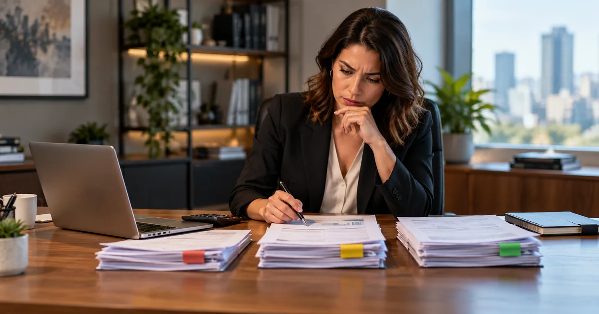 Empresária avalia documentos para reorganizar dívidas da empresa