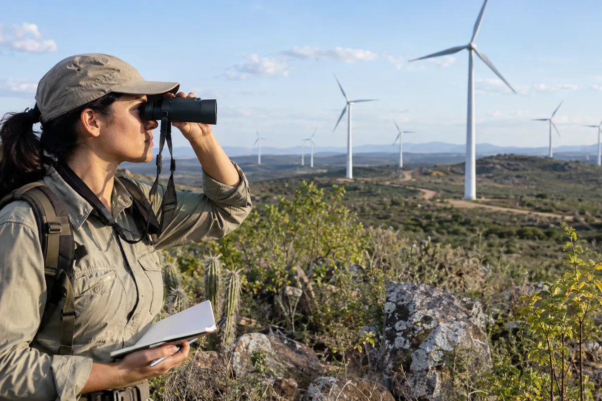 Bióloga observa fauna e vegetação em área de geração eólica