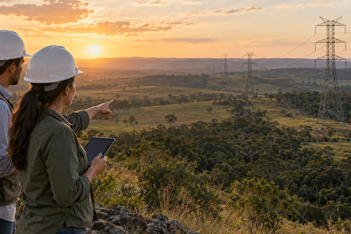Profissionais avaliam corredor de transmissão de energia em paisagem com vegetação