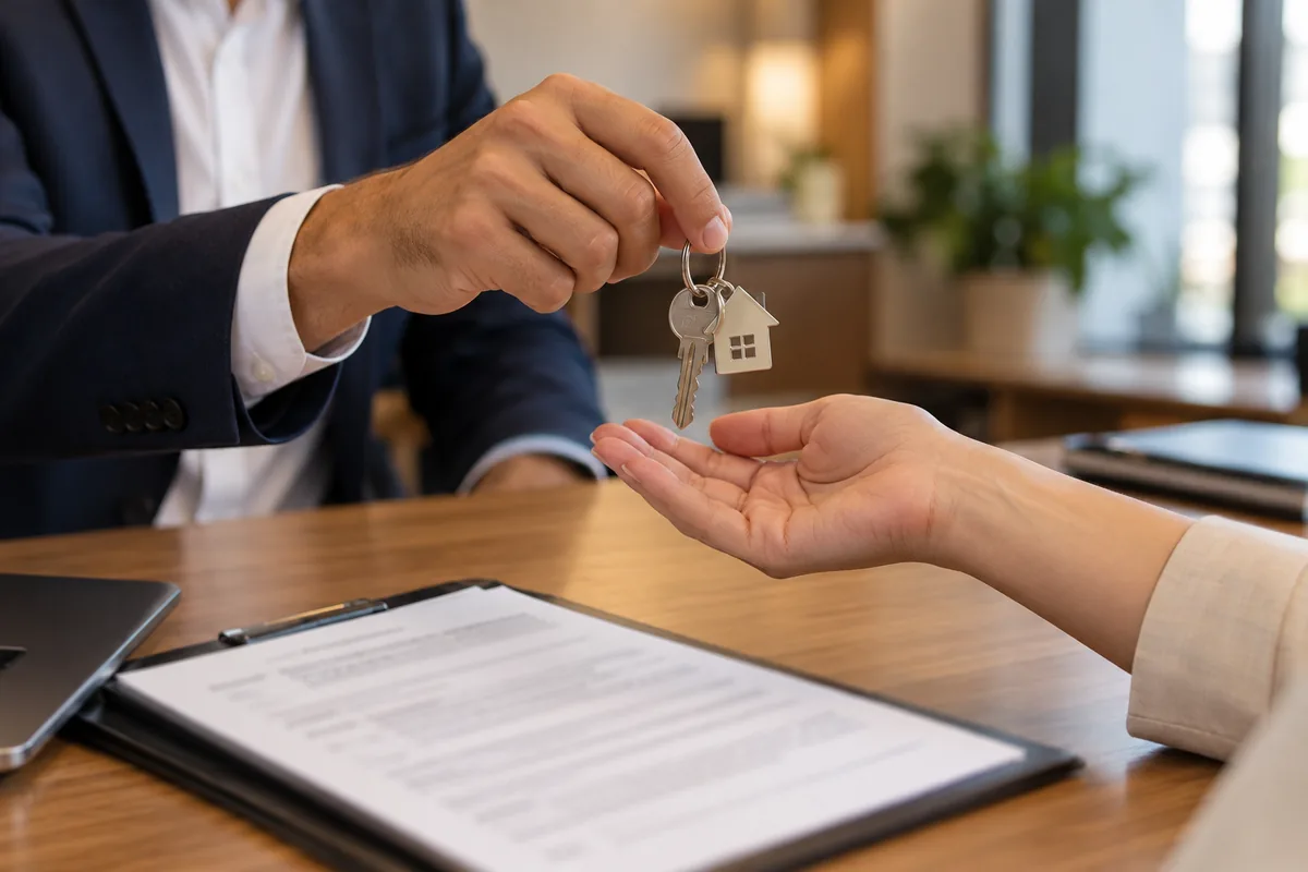 Entrega de chaves sobre documento imobiliário sem texto legível