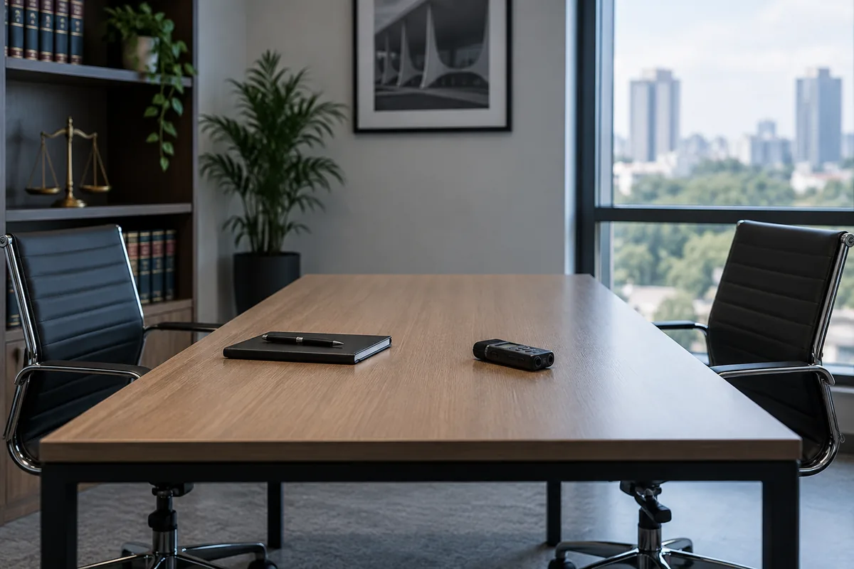 Mesa preparada para entrevista com caderno e gravador