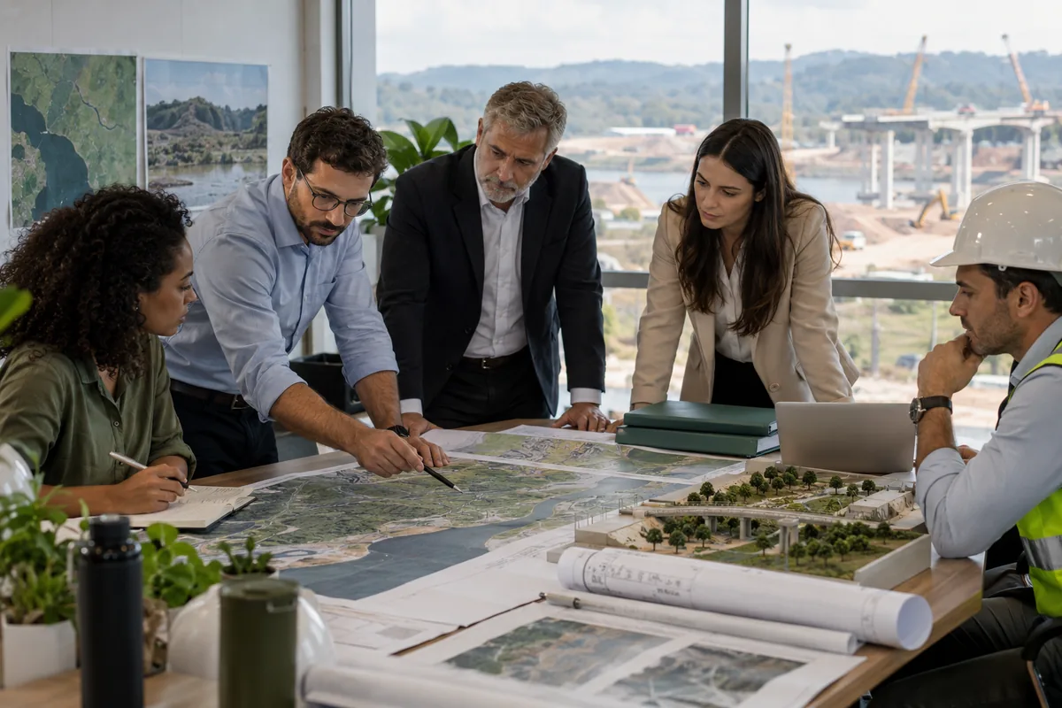 Equipe multidisciplinar analisa mapas e projeto de infraestrutura