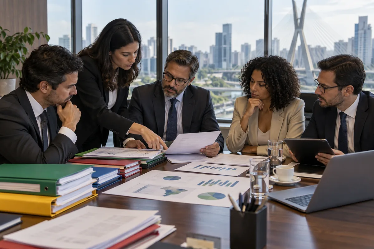 Equipe jurídica e financeira revisa documentos de uma aquisição