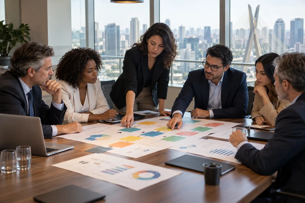 Equipe organiza as etapas societárias de uma fusão empresarial
