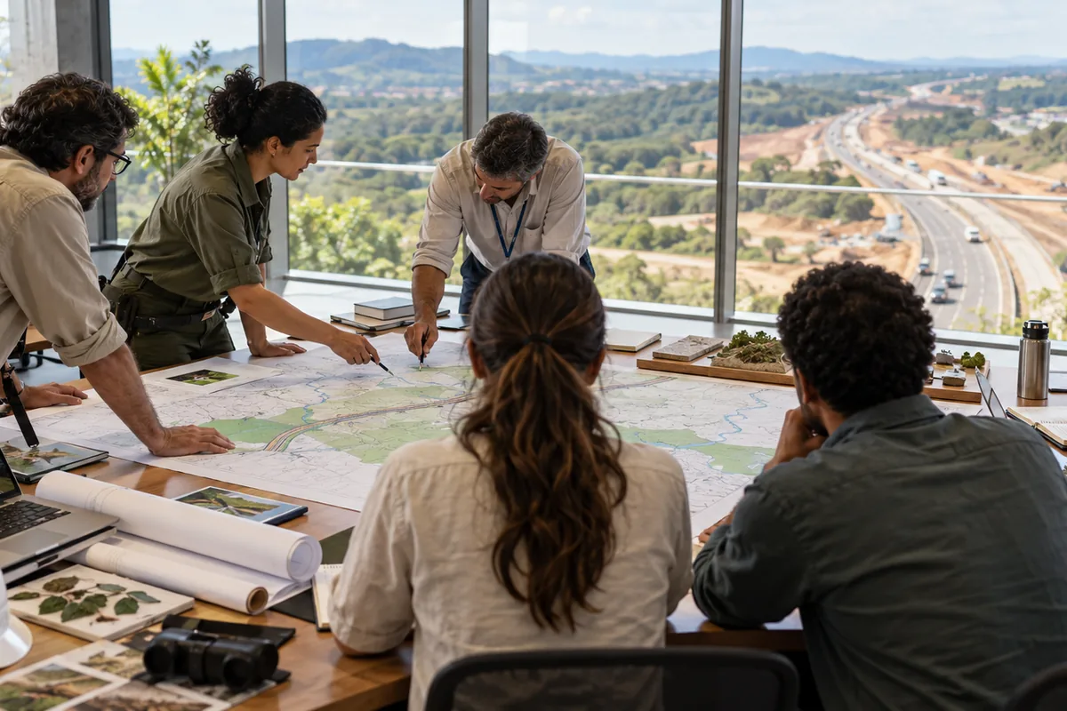 Equipe multidisciplinar revisa mapa de projeto de infraestrutura