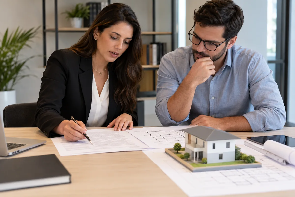 Advogada e arquiteto analisam matrícula e planta de imóvel