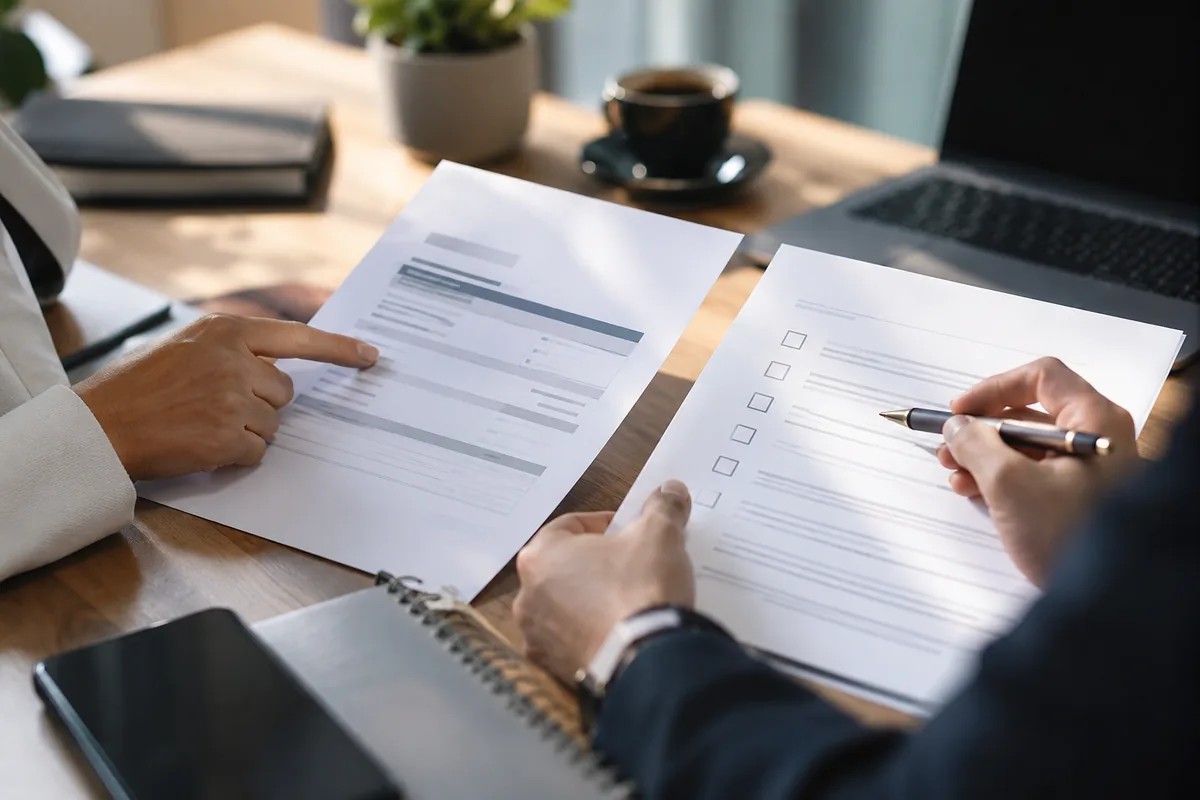 Mãos comparam proposta e checklist de atendimento jurídico