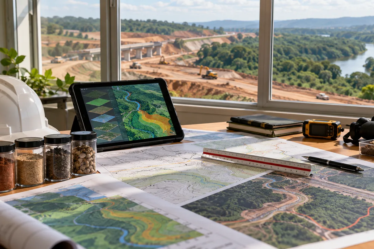 Mapas ambientais, amostras de solo e obra de infraestrutura ao fundo