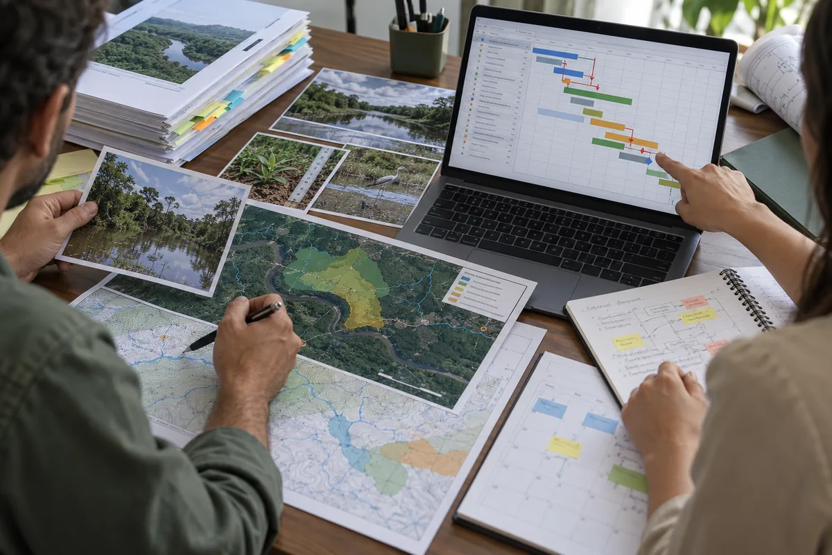 Profissionais conferem estudos, mapas e dependências do cronograma ambiental