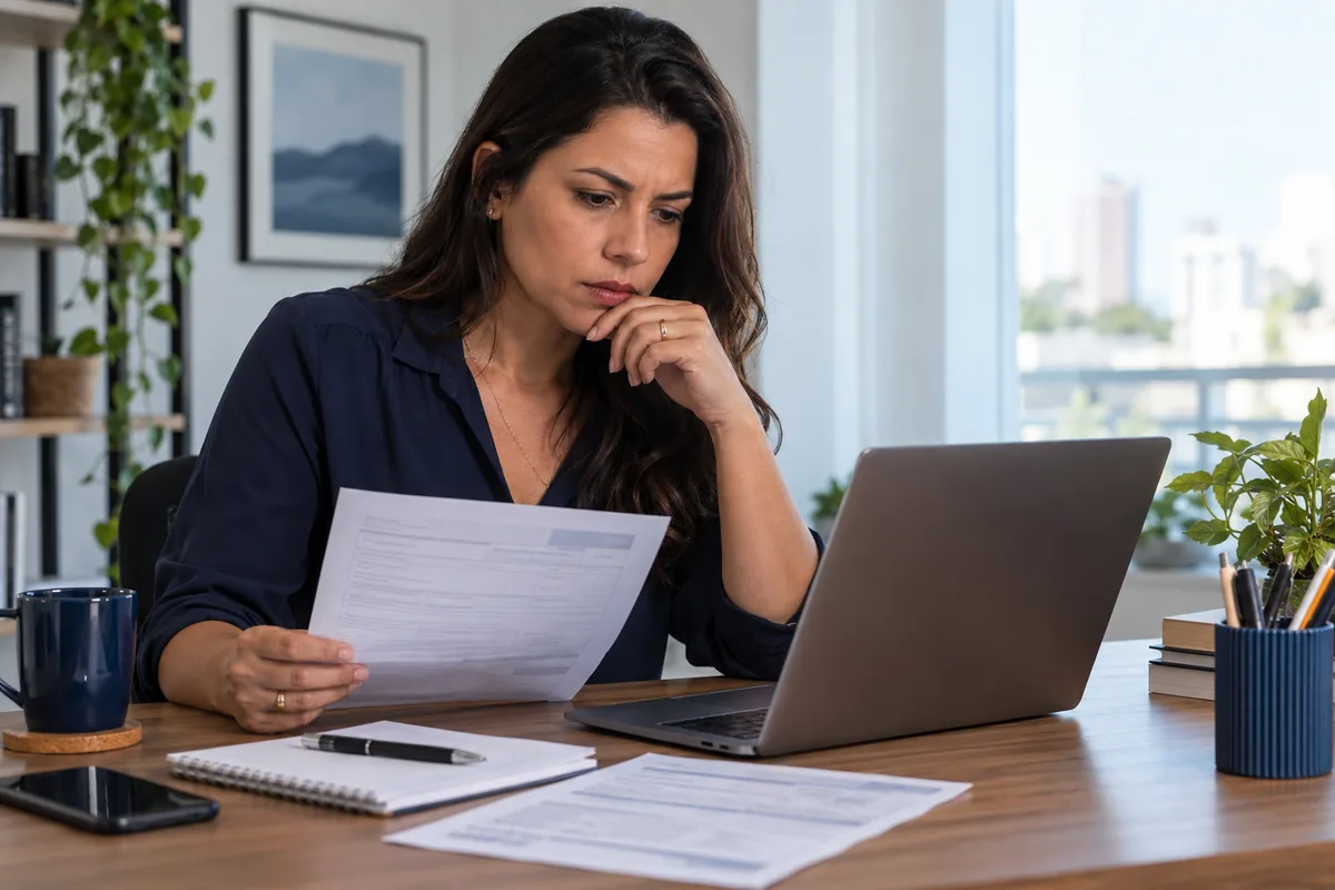 Beneficiária analisa documentos após exame negado pelo plano de saúde
