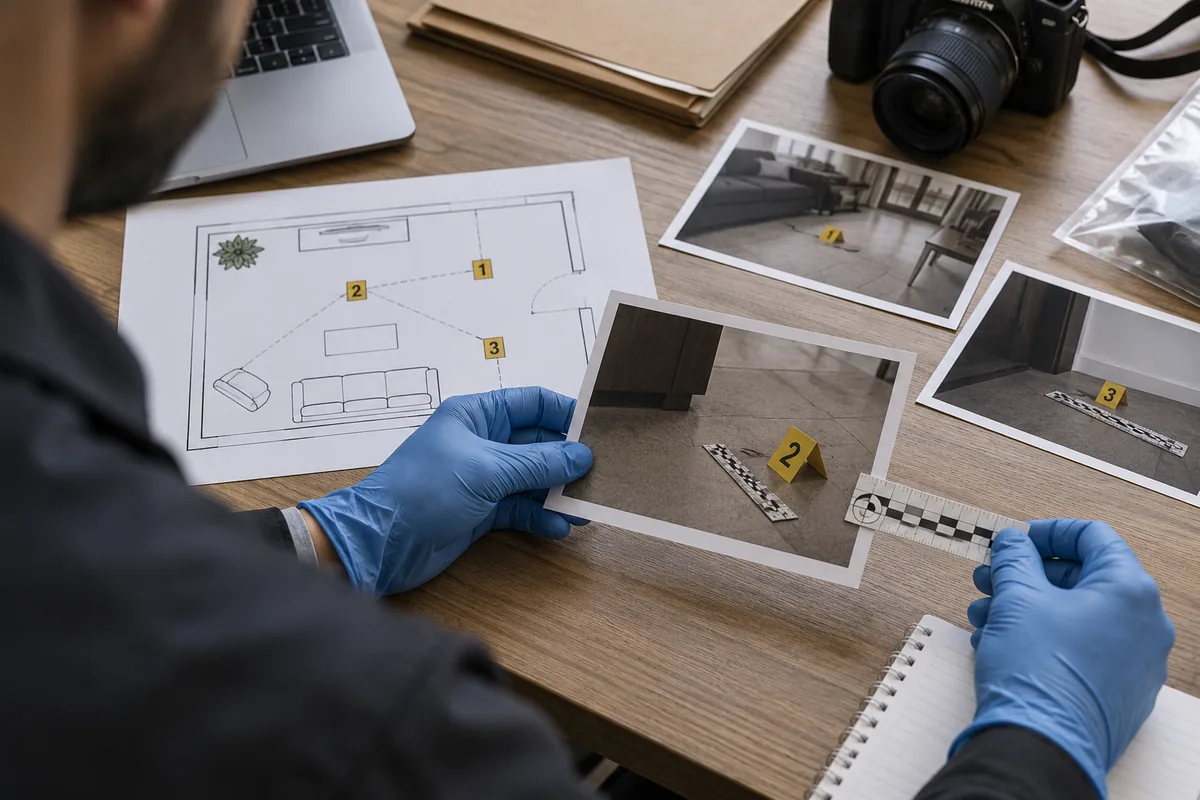 Perito compara fotografias e medidas para reconstruir a dinâmica dos fatos