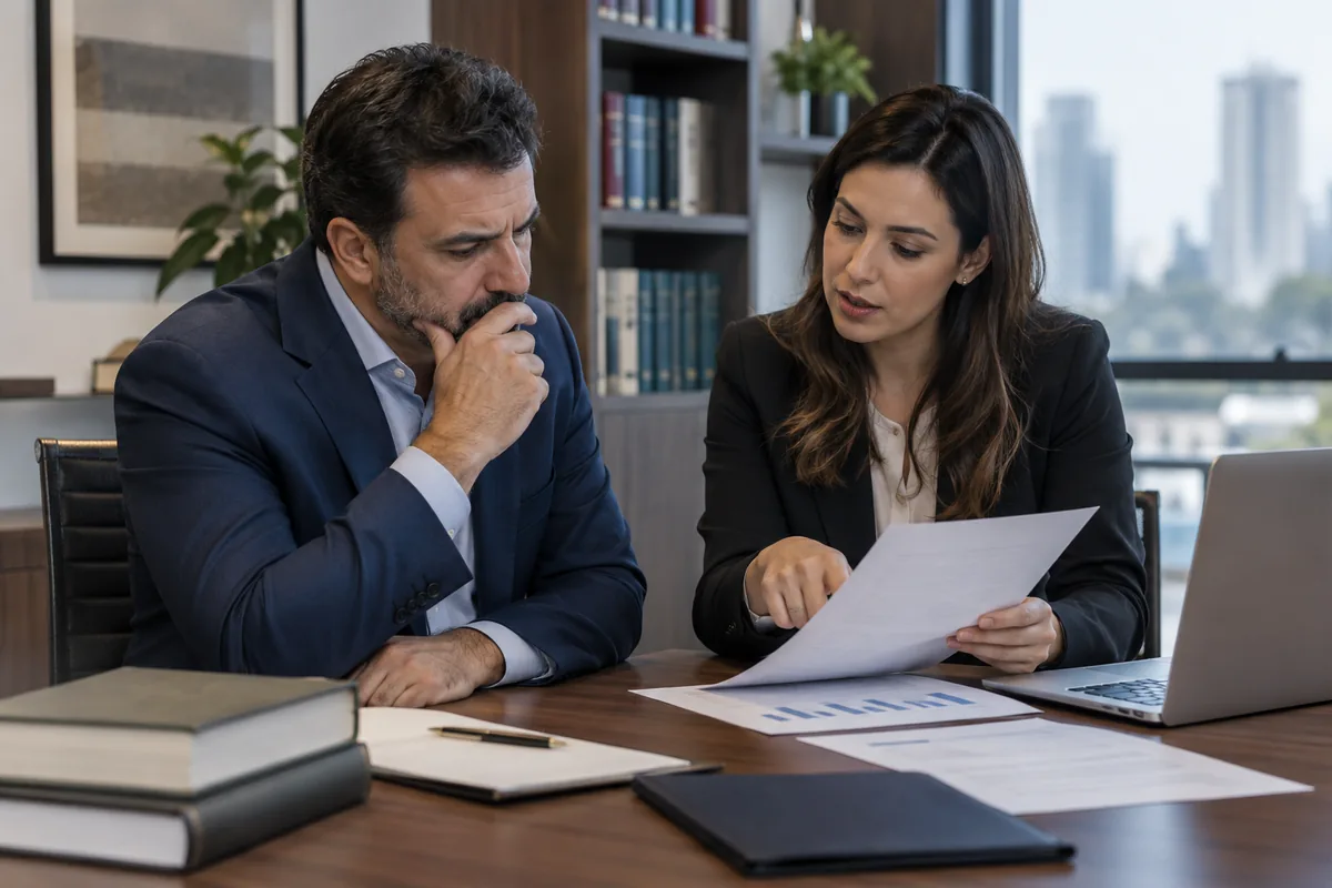 Empresário e advogada analisam documentos de execução fiscal