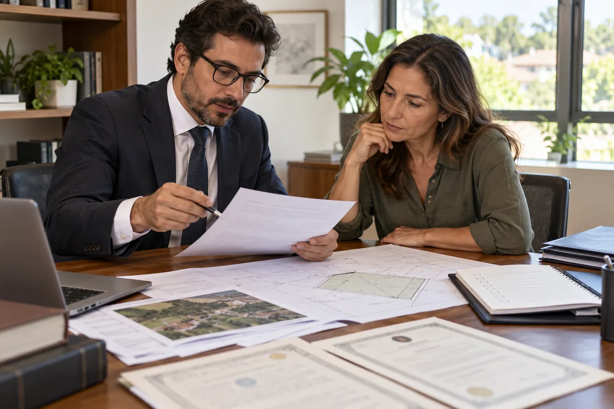 Advogado e proprietário analisam exigência do cartório e planta do imóvel