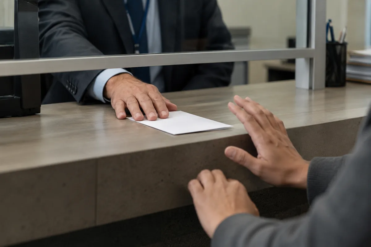 Atendimento público com gesto de pressão e envelope sem identificação