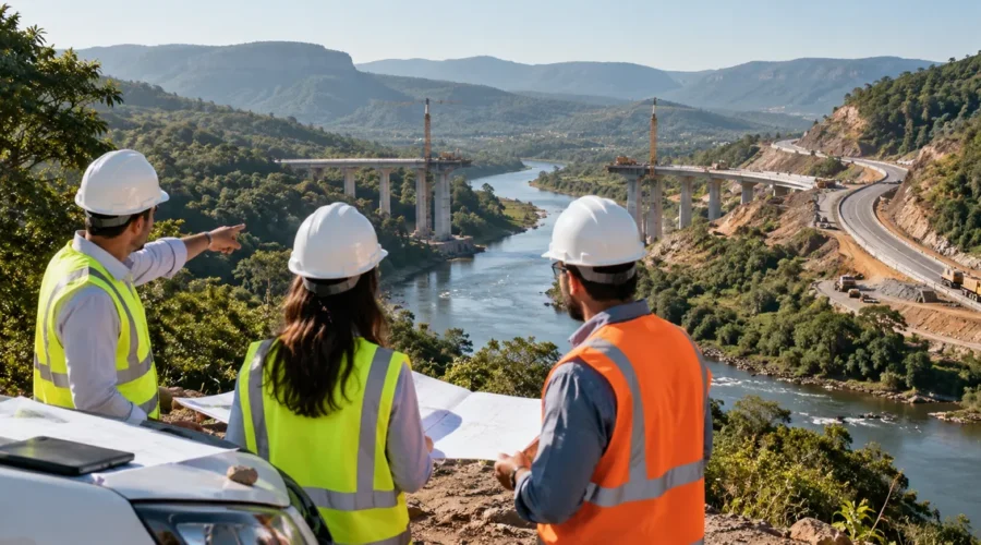 Equipe técnica observa ponte e rodovia em implantação junto a rio