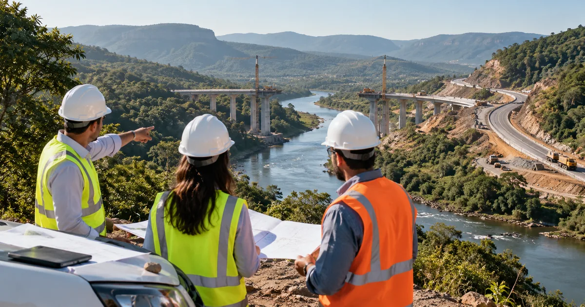 Equipe técnica observa ponte e rodovia em implantação junto a rio
