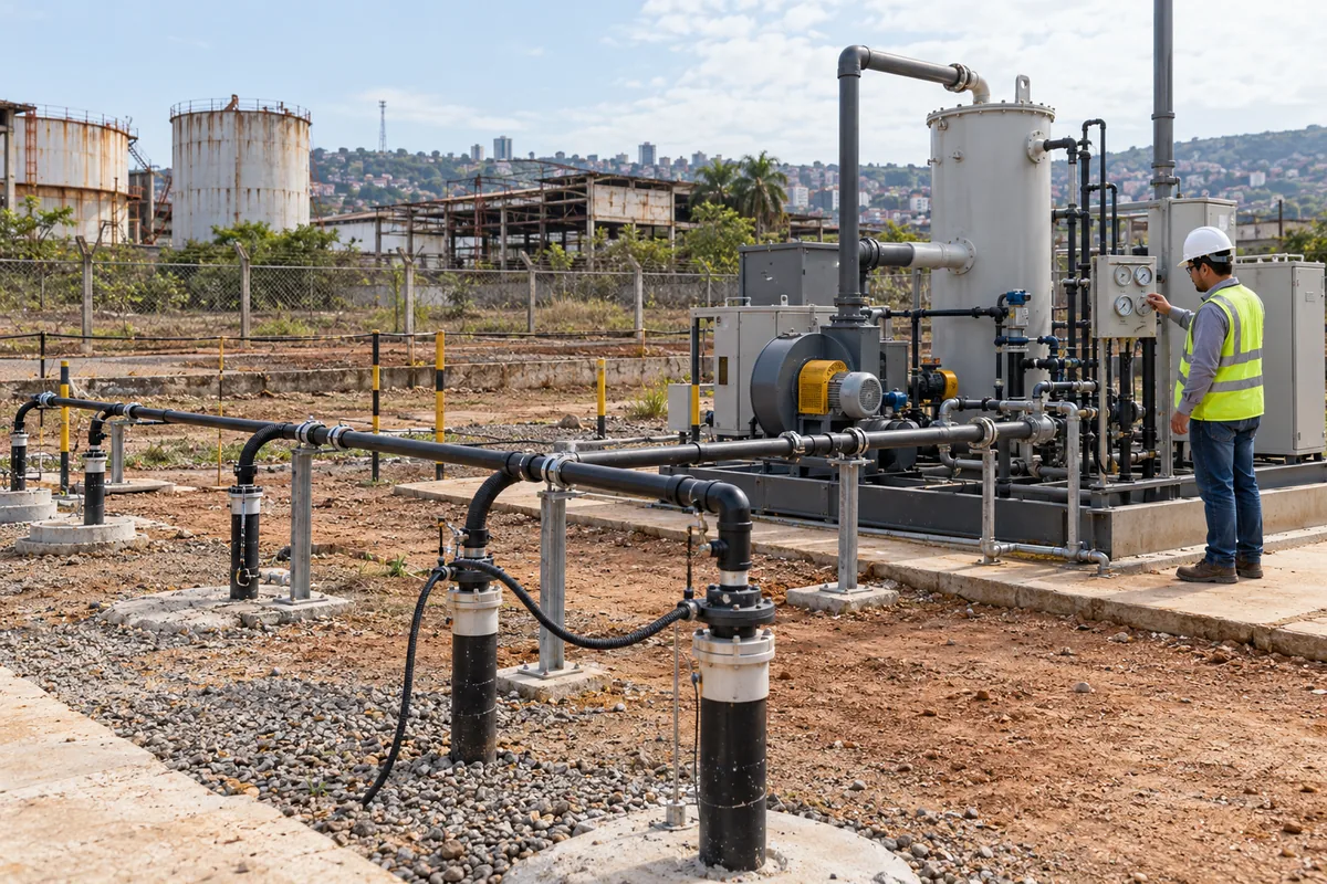 Sistema de extração de vapores em operação em área industrial