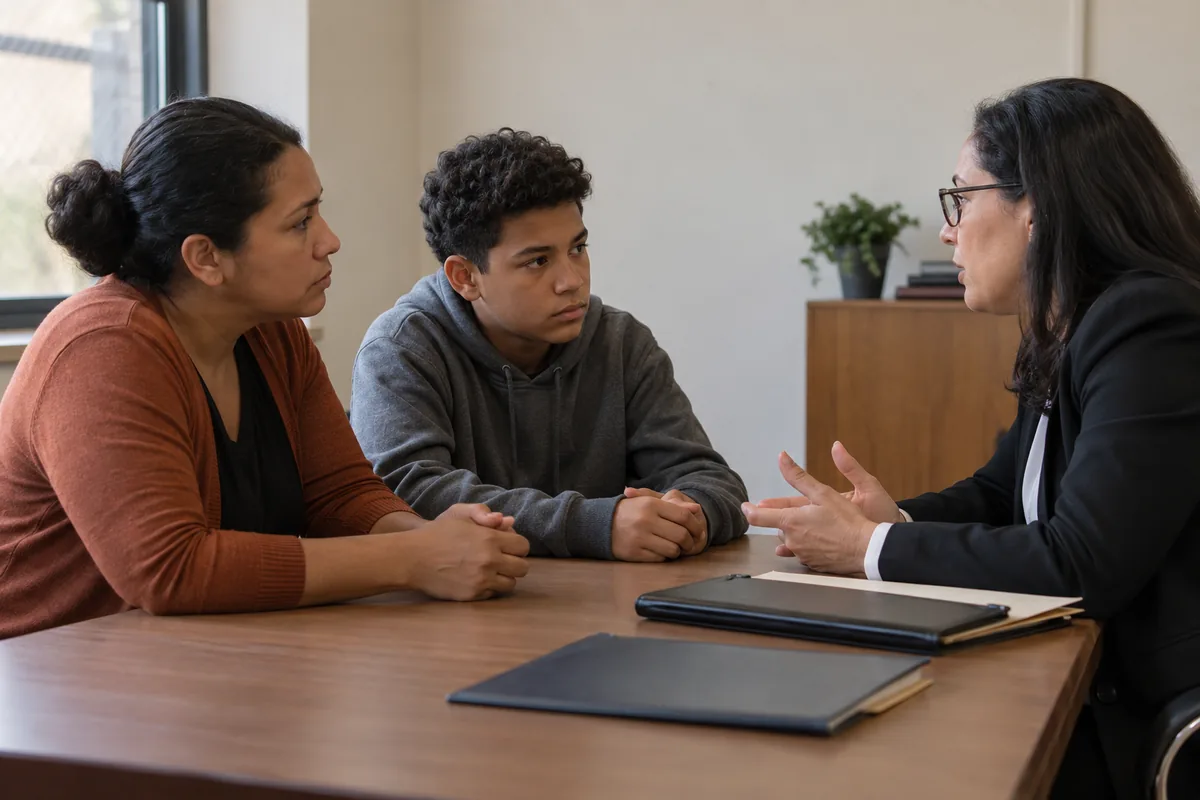 Adolescente e responsável conversam com advogada