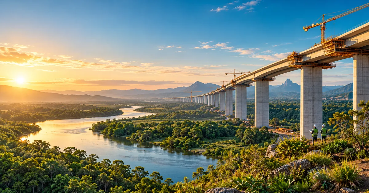 Viaduto em construção integrado a rio e vegetação preservada