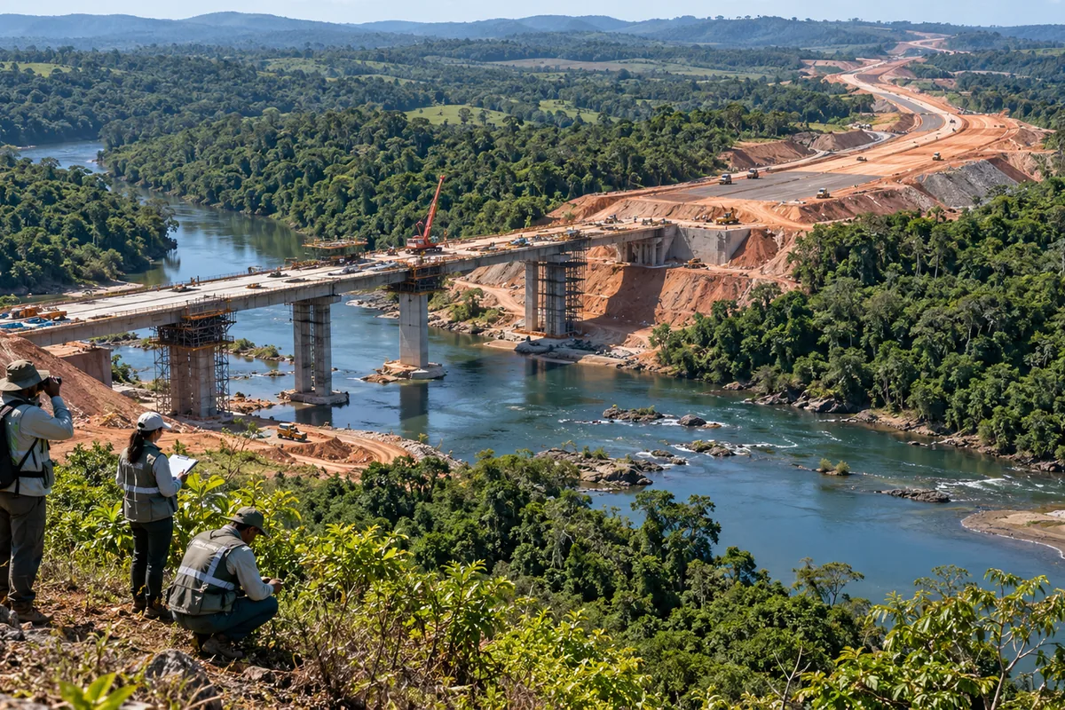 Equipe técnica vistoria ponte e rodovia em área de mata e rio