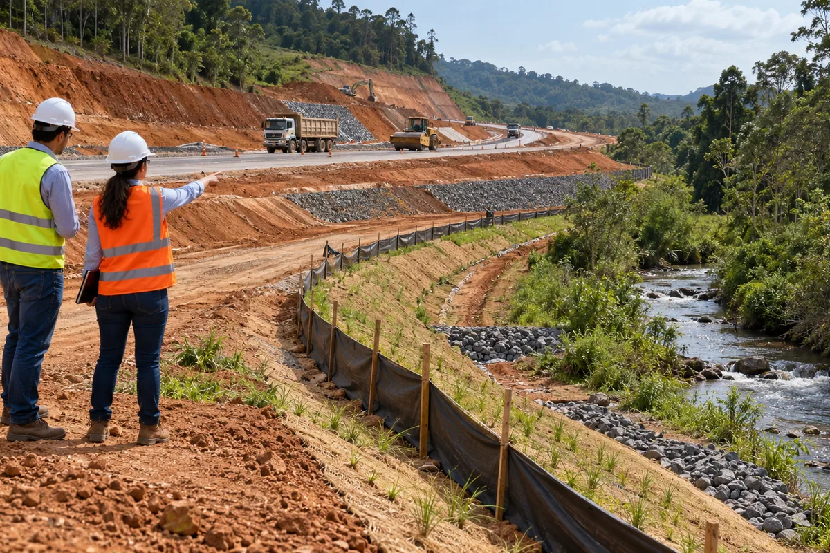 Profissionais inspecionam controles ambientais ao lado de obra rodoviária