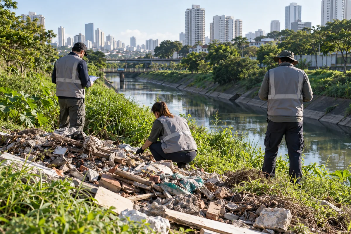 Equipe técnica fiscaliza descarte irregular em canal urbano