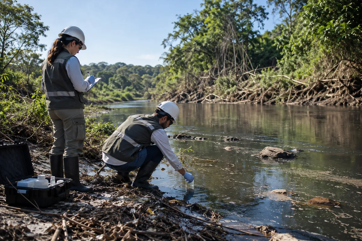 Técnicos ambientais coletam amostra de água em rio afetado