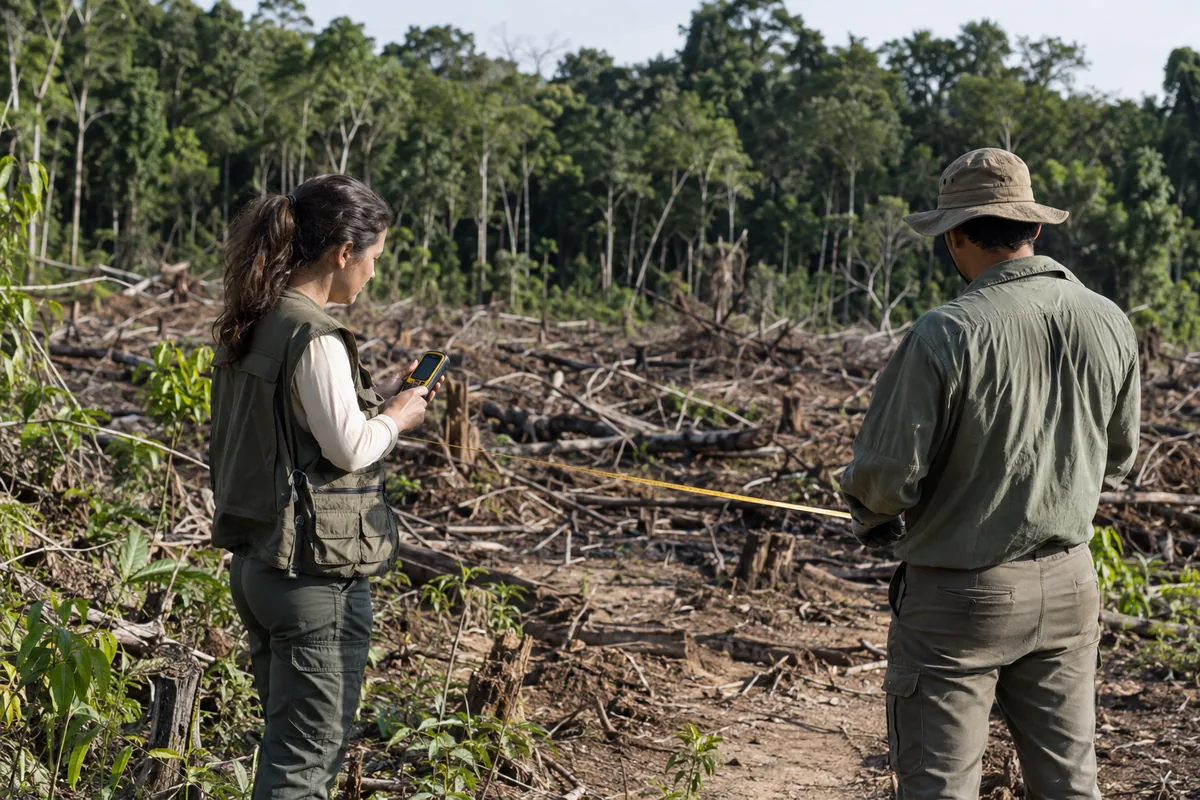Equipe técnica mede área desmatada com equipamento de localização