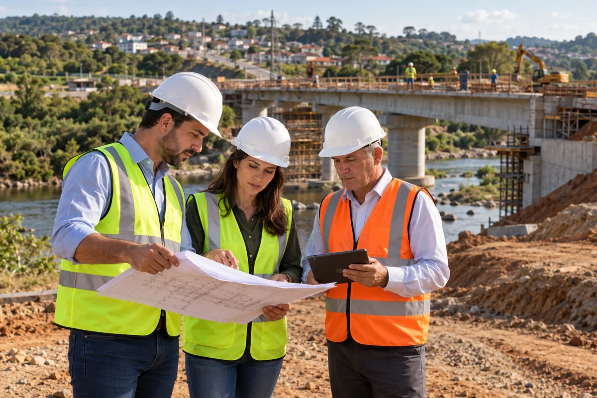 Gestores e engenheira ambiental fiscalizam obra pública de ponte