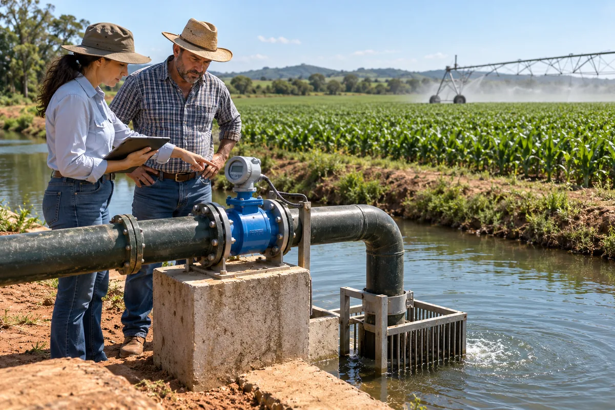 Engenheira e produtor verificam medidor de vazão em captação para irrigação rural