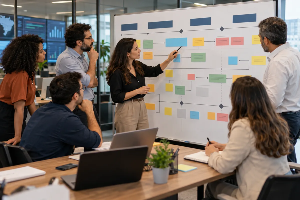 Equipe empresarial mapeando obrigações e marcos de um contrato
