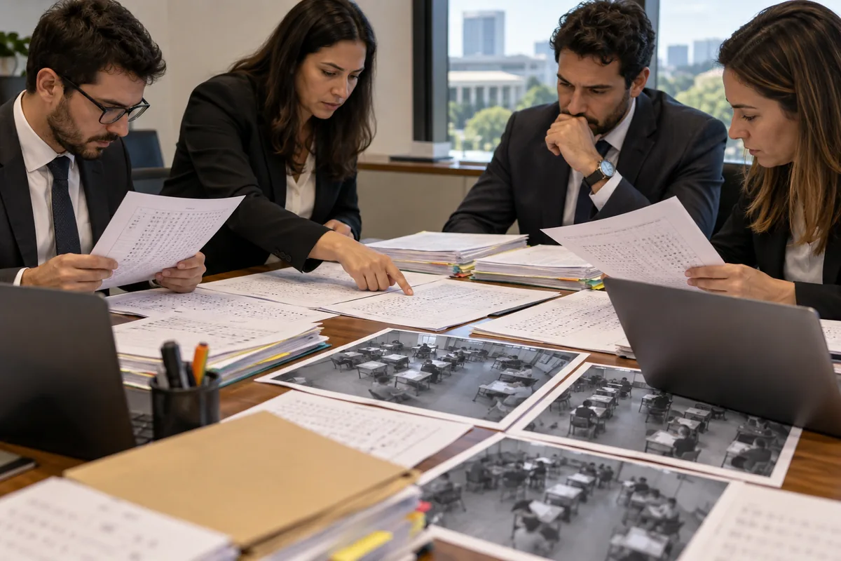 Equipe jurídica compara folhas de respostas e registros de concurso