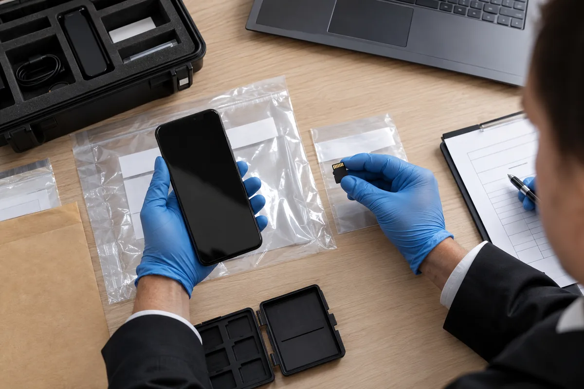 Profissional cataloga celular e cartão de memória como evidência