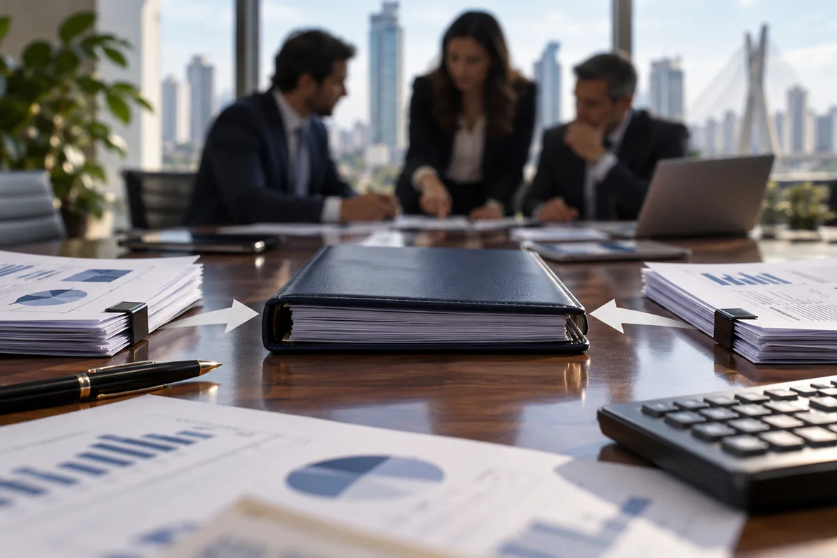 Documentos financeiros e societários reunidos para uma fusão empresarial