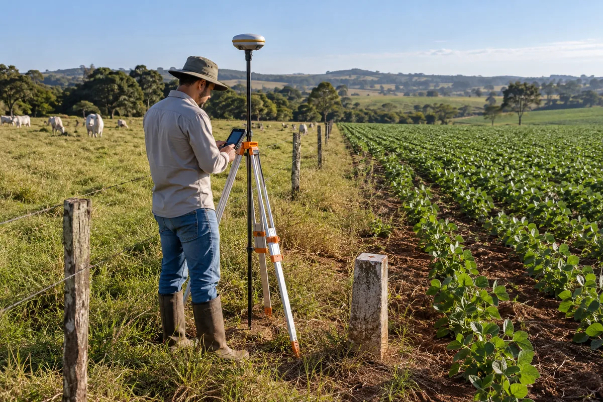 Agrimensor mede limite entre pasto e plantação com receptor GNSS