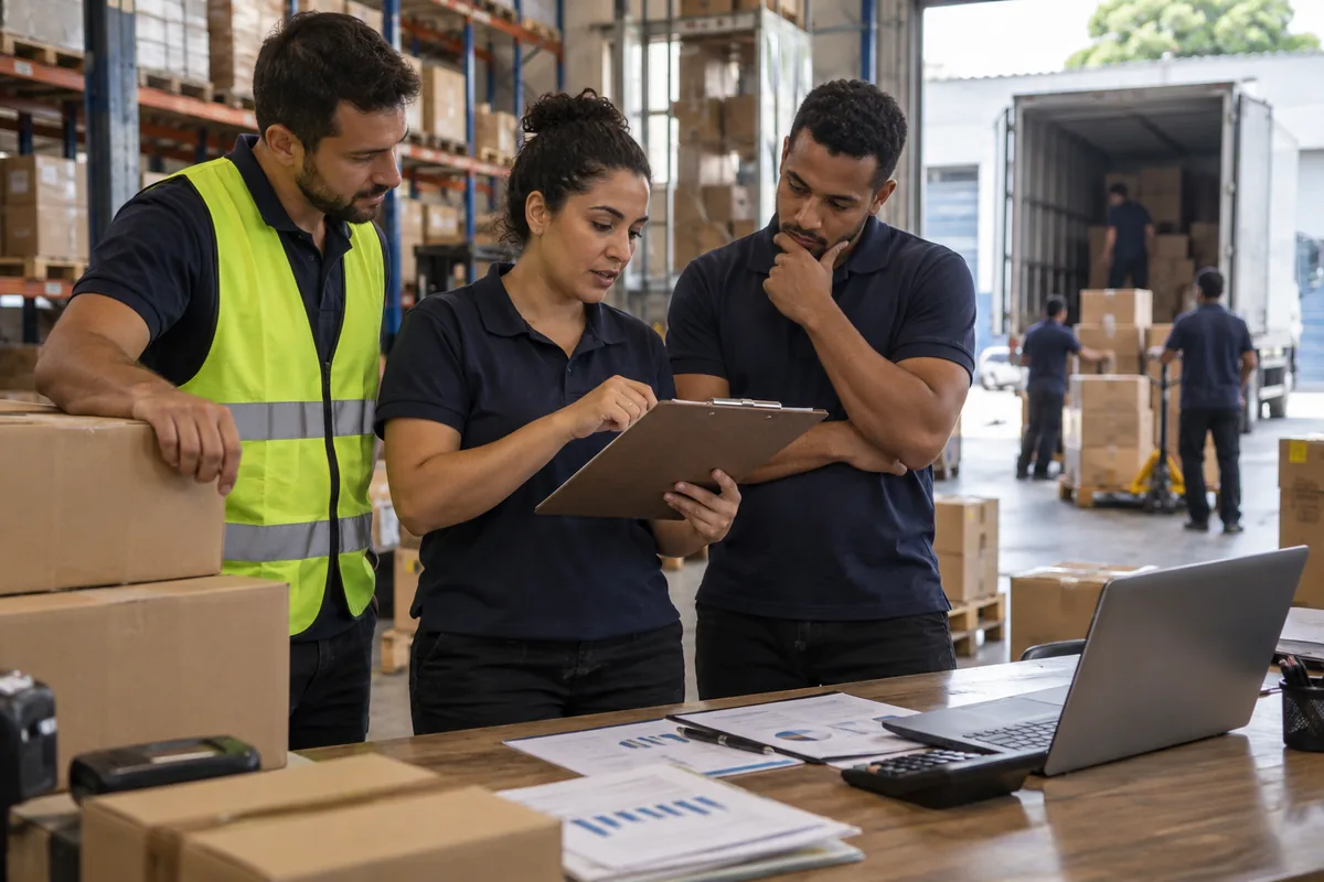 Equipe de armazém revisa estoque, entregas e prioridades de caixa