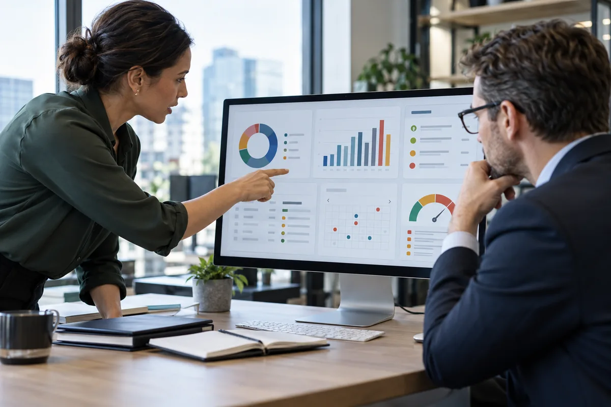 Gestora e advogado acompanhando indicadores de contrato empresarial