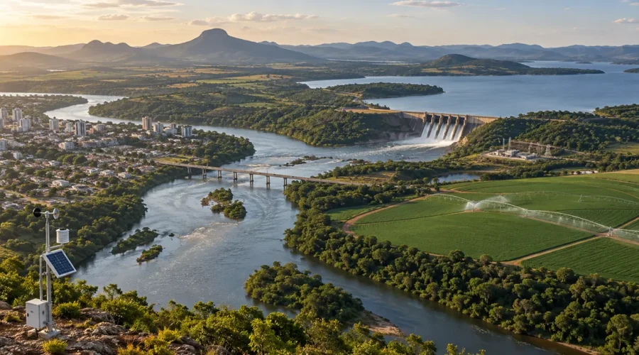 Bacia hidrográfica com cidade, reservatório, energia e irrigação