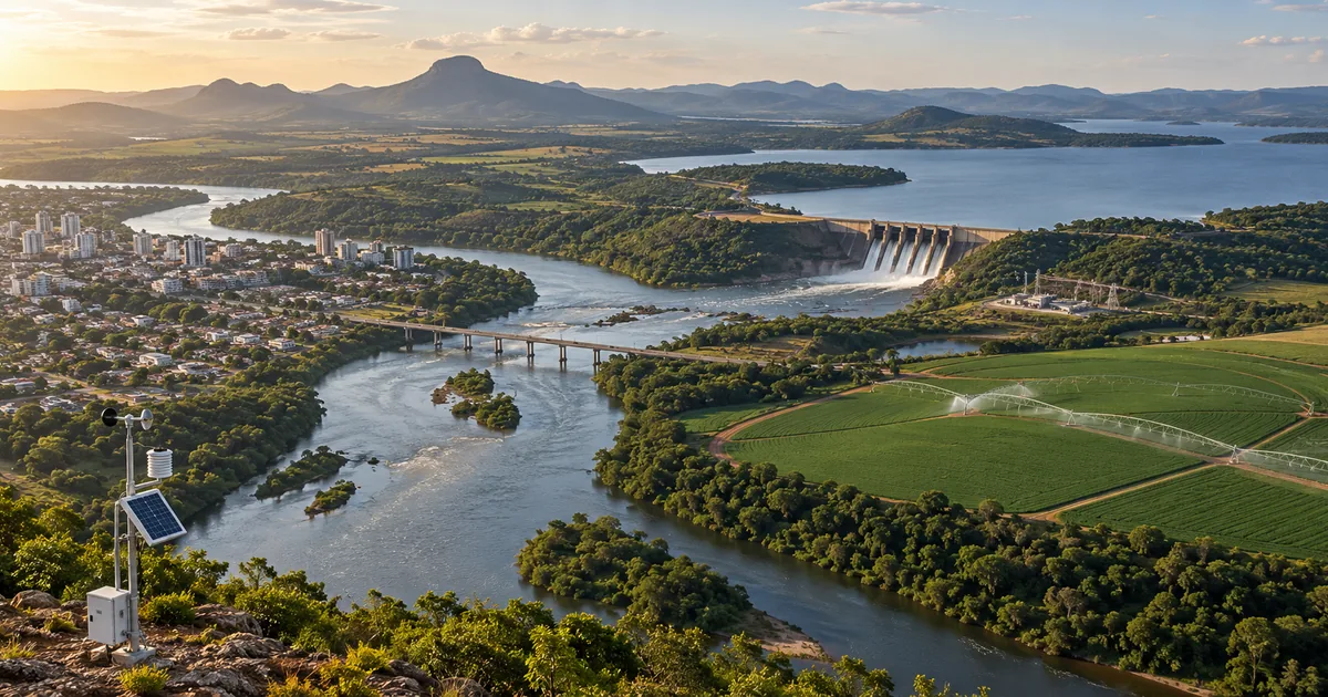 Bacia hidrográfica com cidade, reservatório, energia e irrigação