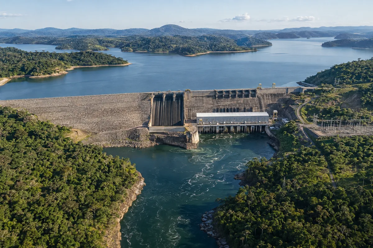 Vista aérea de usina hidrelétrica com reservatório, rio e vegetação