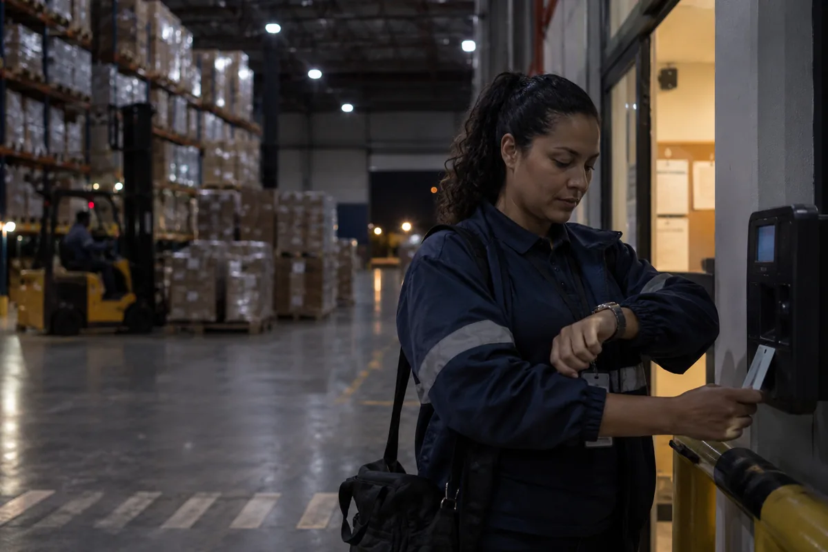 Trabalhadora registra saída após prorrogar turno noturno em centro de distribuição