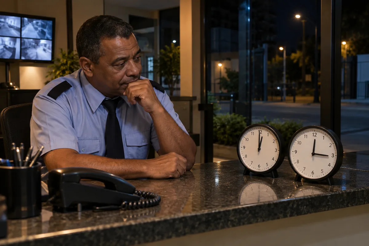 Porteiro observa relógios durante a jornada noturna
