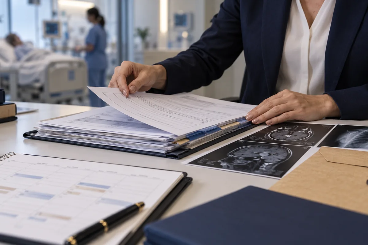 Organização de prontuários e exames para avaliar falha hospitalar