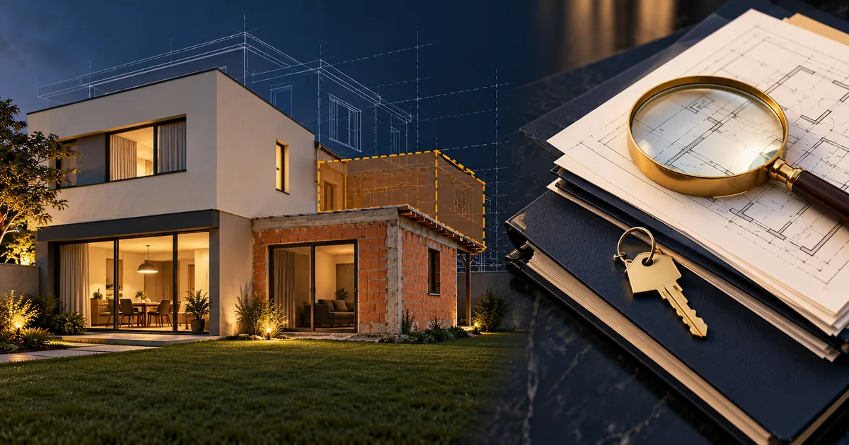 Casa com ampliação divergente ao lado de documentos de análise imobiliária