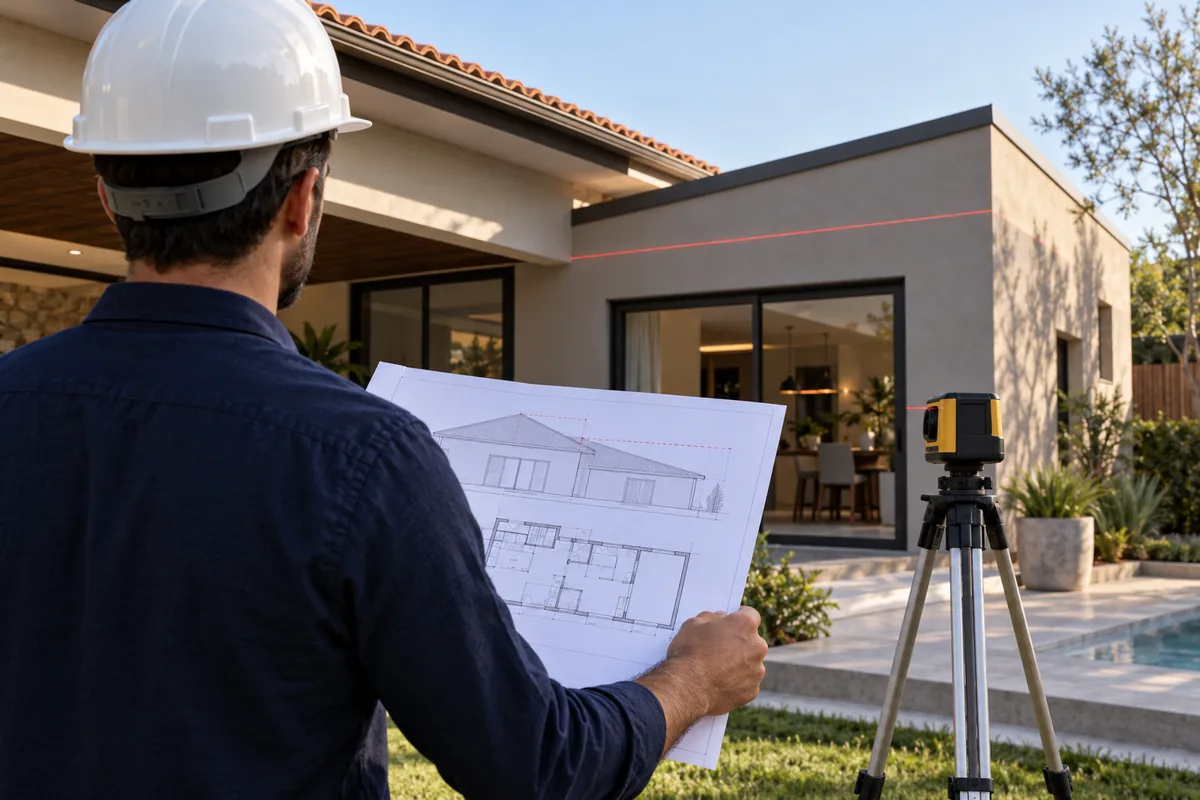 Profissional compara medidas e planta com ampliação construída no imóvel