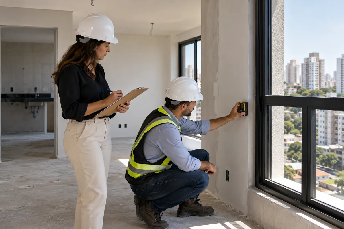 Compradora e engenheiro verificam acabamento de apartamento novo