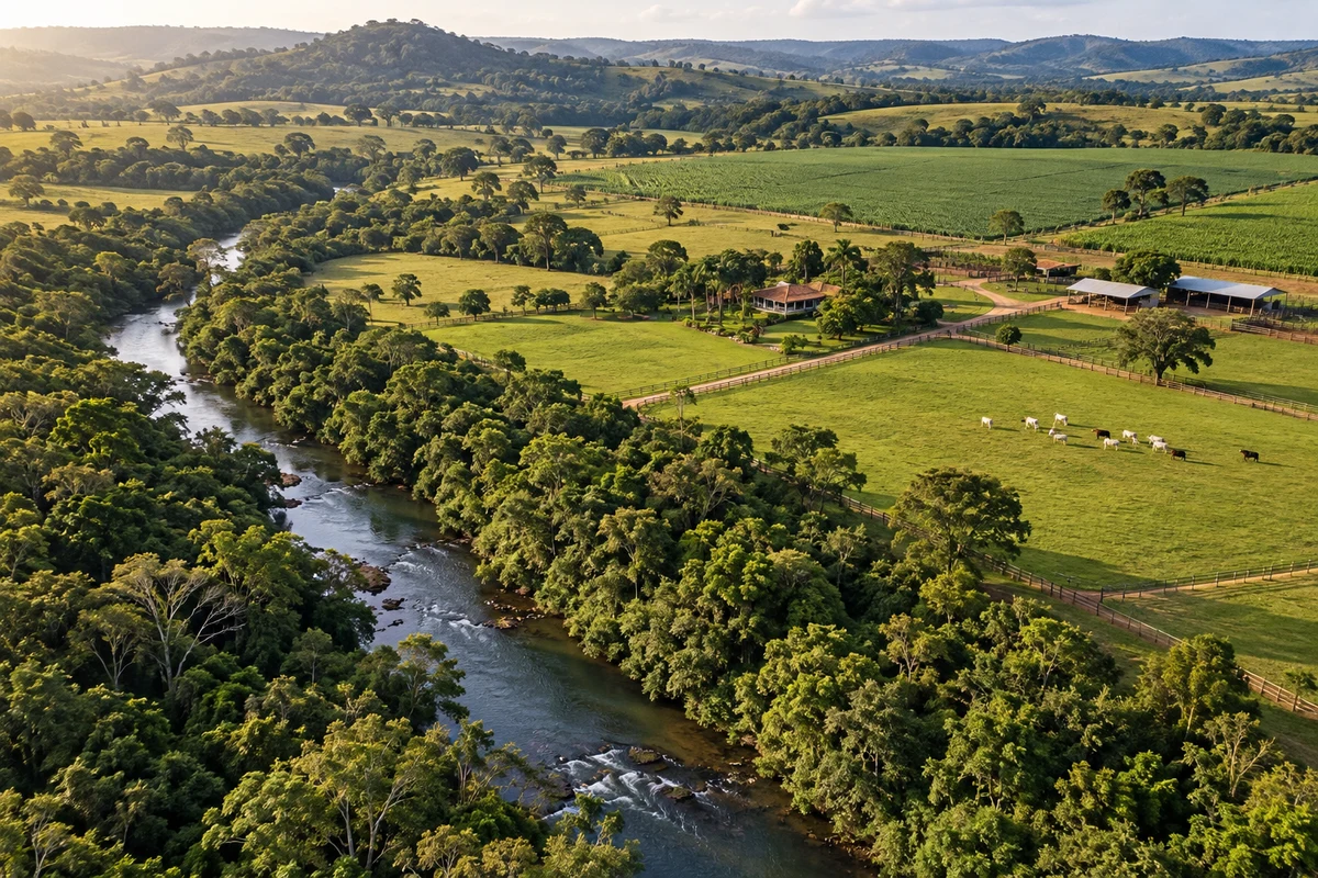 Propriedade rural produtiva mantém vegetação protegida ao longo do rio